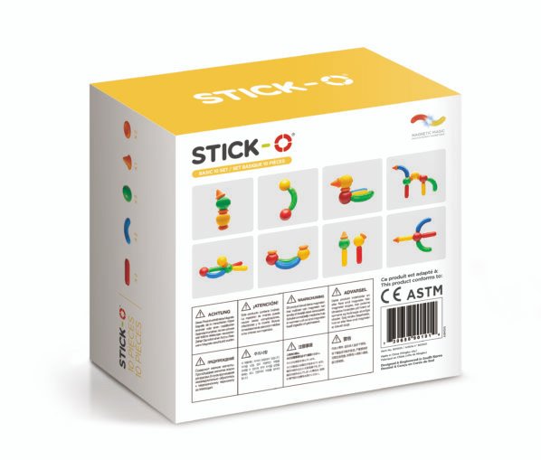 Stick-O 10 dalių magnetinių konstruktorių rinkinys, skirtas ikimokyklinio amžiaus vaikams, su didelėmis, daugiaspalvėmis dalimis ir specialiu griebimo dizainu, skirtas kūrybiškumui ir smulkiosios motorikos lavinimui.