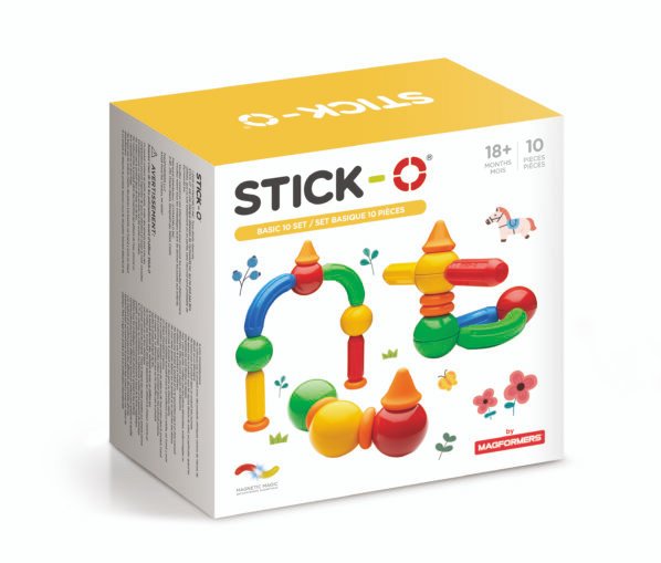 Stick-O 10 dalių magnetinių konstruktorių rinkinys, skirtas ikimokyklinio amžiaus vaikams, su didelėmis, daugiaspalvėmis dalimis ir specialiu griebimo dizainu, skirtas kūrybiškumui ir smulkiosios motorikos lavinimui.