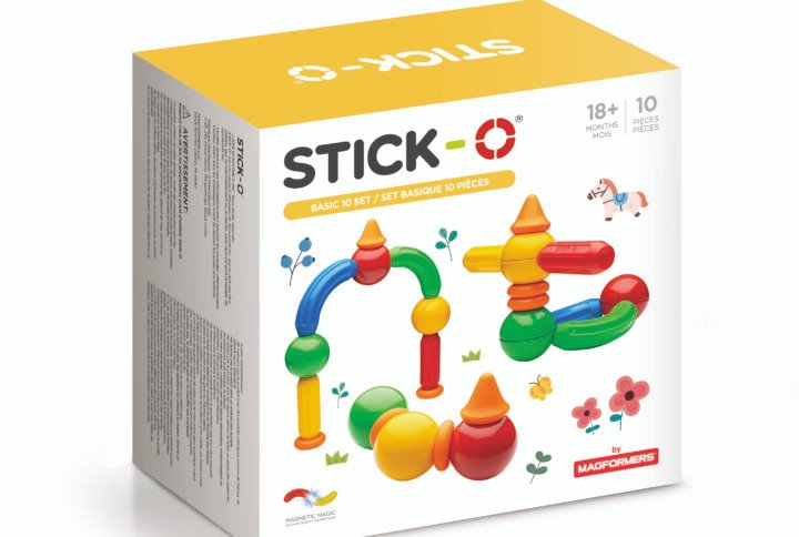 Stick-O 10 dalių magnetinių konstruktorių rinkinys, skirtas ikimokyklinio amžiaus vaikams, su didelėmis, daugiaspalvėmis dalimis ir specialiu griebimo dizainu, skirtas kūrybiškumui ir smulkiosios motorikos lavinimui.