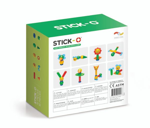 „Stick-O Forest Friends“ magnetinių blokelių rinkinys, leidžiantis vaikams kurti figūrėles, skatindamas kūrybiškumą ir derinimą su kitais žaislais.