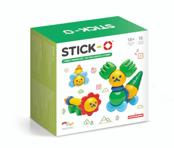 „Stick-O Forest Friends“ magnetinių blokelių rinkinys, leidžiantis vaikams kurti figūrėles, skatindamas kūrybiškumą ir derinimą su kitais žaislais.