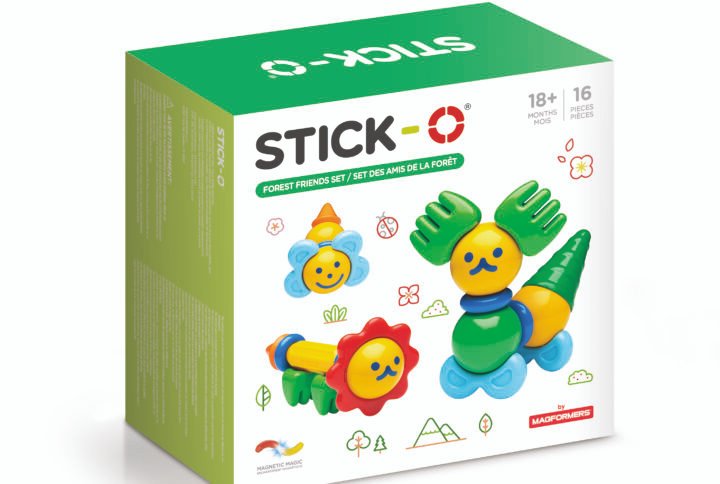„Stick-O Forest Friends“ magnetinių blokelių rinkinys, leidžiantis vaikams kurti figūrėles, skatindamas kūrybiškumą ir derinimą su kitais žaislais.