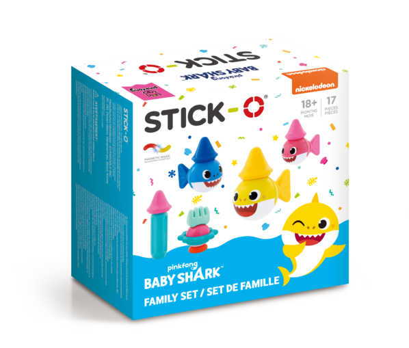 Stick-O „Baby Shark“ šeimos magnetinių konstruktorių rinkinys su 17 dalių, leidžiantis kurti „Baby Shark“, „Mummy Shark“ ir „Daddy Shark“ personažus, skatinantis vaikų kūrybiškumą ir smulkiąją motoriką.