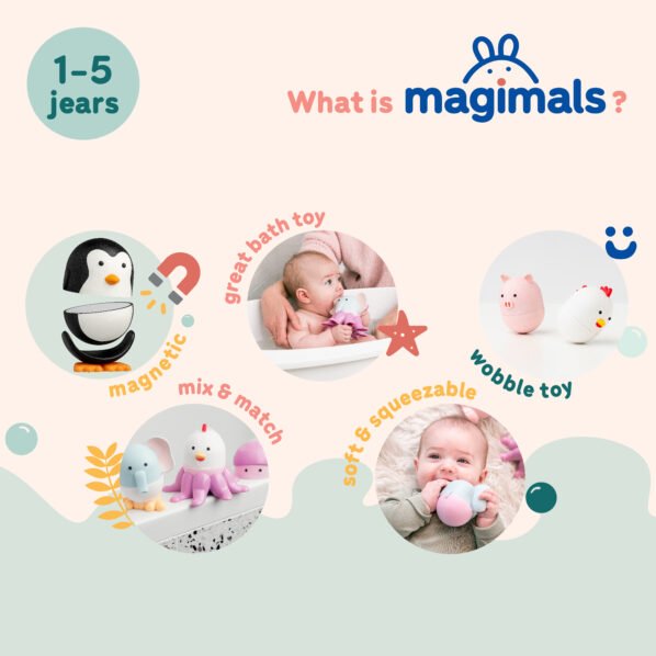 „Magimals“ – 6 minkšti magnetiniai jūros gyvūnai, skirti kūdikiams nuo 12 mėnesių, kurie suteikia džiaugsmo žaidžiant ir gali būti naudojami vonioje.