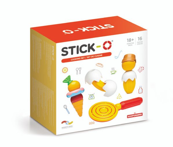Stick-O "Kepimo Rinkinys" magnetinis konstruktorius su spalvingomis magnetinėmis dalimis, kurios leidžia kurti įvairius kulinarinius kūrinius, lavinant kūrybiškumą ir motorinius įgūdžius.
